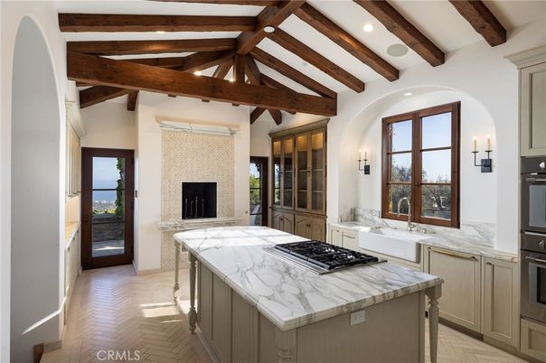 Fireplace, Interior, Kitchen, Recessed Lighting, Wooden Beams, Wood Texture Flooring