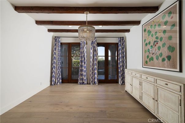 Chandelier, Interior, Recessed Lighting, Wooden Beams, Wood Texture Flooring