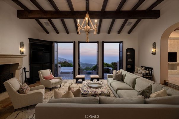 Chandelier, Fireplace, Interior, Living room, Wooden Beams