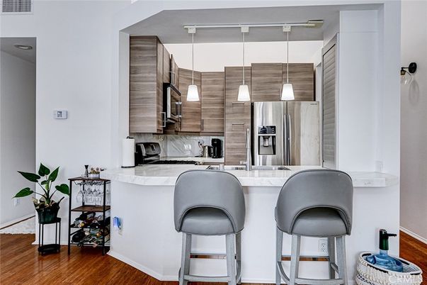 Interior, Kitchen, Pendant Lights, Stainless Steel Appliances, Wood Texture Flooring