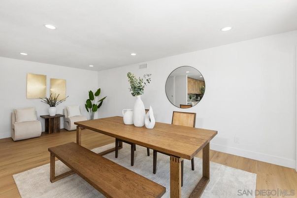 Dining room, Interior, Recessed Lighting, Wood Texture Flooring