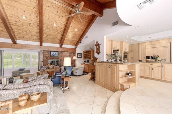 Interior, Kitchen, Living room, Recessed Lighting, Stainless Steel Appliances, Wooden Beams, Wooden Ceilings