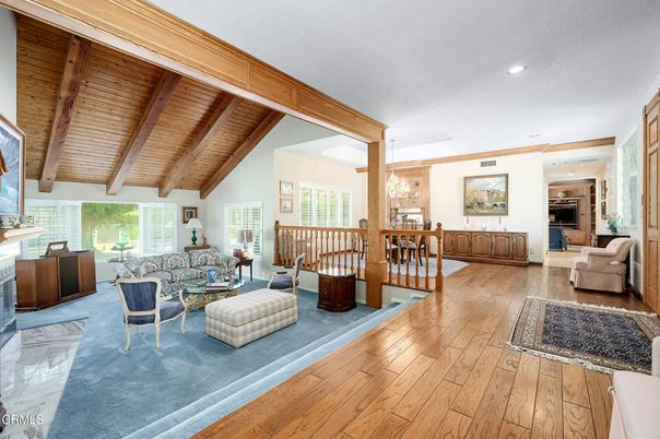 Dining room, Interior, Living room, Recessed Lighting, Wooden Beams, Wooden Ceilings, Wood Texture Flooring