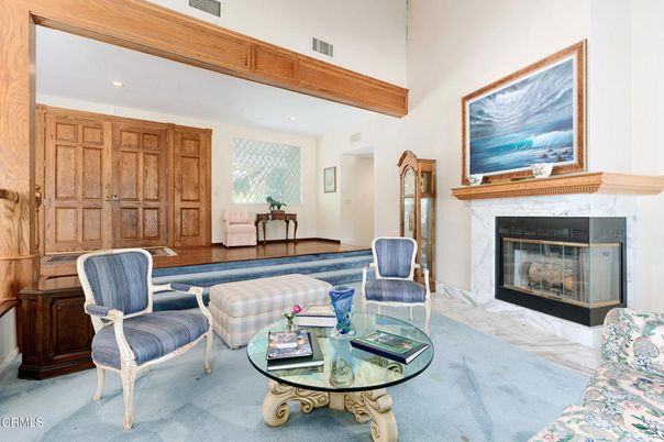 Fireplace, Interior, Living room, Recessed Lighting, Wooden Beams