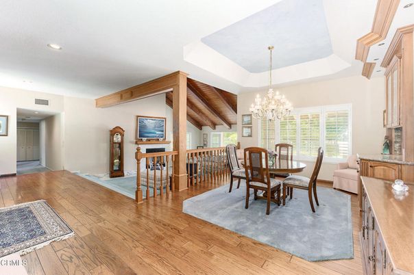 Chandelier, Dining room, Interior, Recessed Lighting, Wooden Beams, Wooden Ceilings, Wood Texture Flooring
