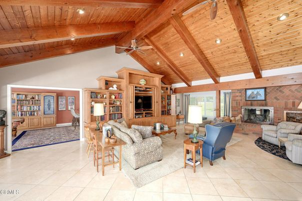Fireplace, Interior, Living room, Recessed Lighting, Stone Walls, Wooden Beams, Wooden Ceilings