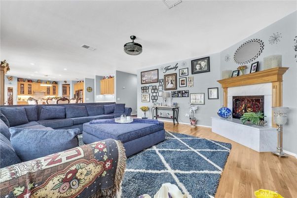 Fireplace, Interior, Kitchen, Living room, Recessed Lighting, Wood Texture Flooring
