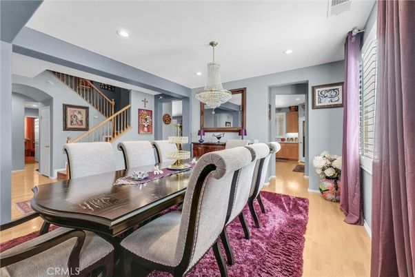 Chandelier, Dining room, Interior, Recessed Lighting, Wood Texture Flooring
