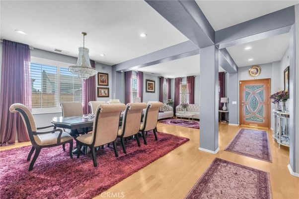 Dining room, Interior, Pendant Lights, Recessed Lighting, Wood Texture Flooring