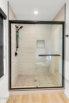Bathroom, Glass Shower, Interior, Recessed Lighting, Wood Texture Flooring