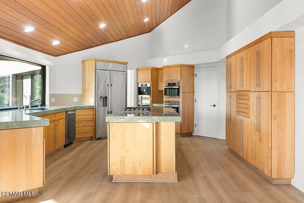 Interior, Kitchen, Recessed Lighting, Stainless Steel Appliances, Wooden Ceilings, Wood Texture Flooring