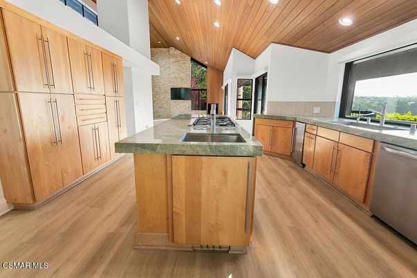 Interior, Kitchen, Recessed Lighting, Stone Walls, Wooden Ceilings, Wood Texture Flooring