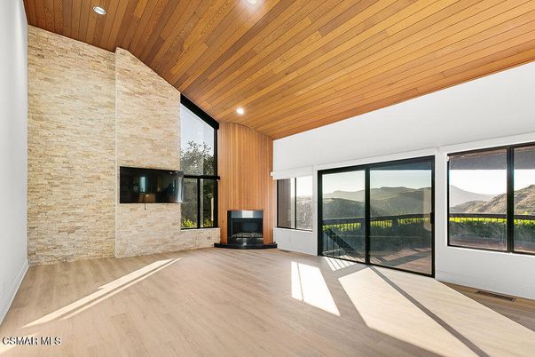 Empty room, Fireplace, Interior, Recessed Lighting, Stone Walls, Wooden Ceilings, Wood Texture Flooring, Wooden Walls