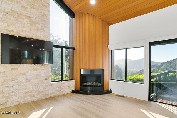 Fireplace, Interior, Recessed Lighting, Stone Walls, Wooden Ceilings, Wood Texture Flooring, Wooden Walls