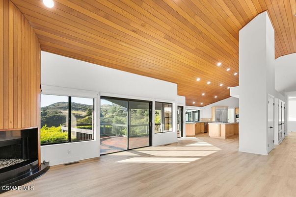 Fireplace, Interior, Kitchen, Recessed Lighting, Wooden Ceilings, Wood Texture Flooring