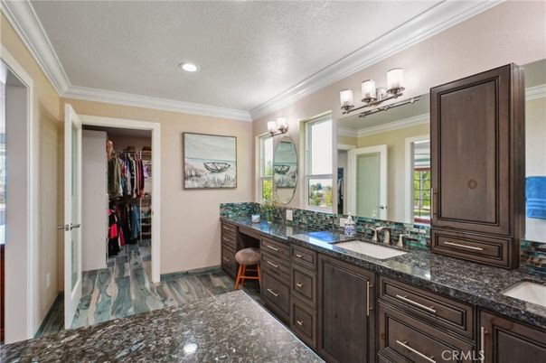 Bathroom, Dual Sink Vanities, Interior, Recessed Lighting, Wood Texture Flooring