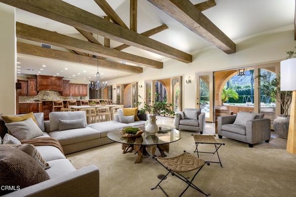 Chandelier, Dining room, Interior, Kitchen, Living room, Pendant Lights, Recessed Lighting, Wooden Beams