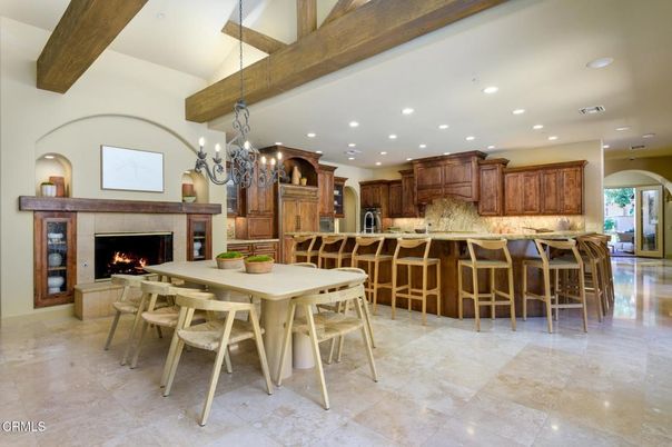 Chandelier, Dining room, Fireplace, Interior, Kitchen, Recessed Lighting, Wooden Beams