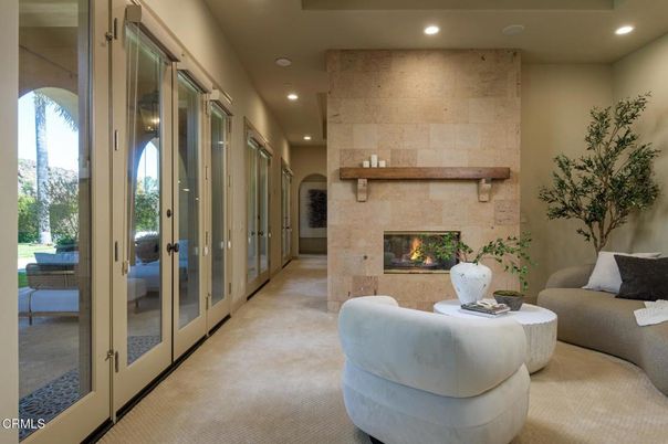 Fireplace, Interior, Living room, Recessed Lighting, Stone Walls