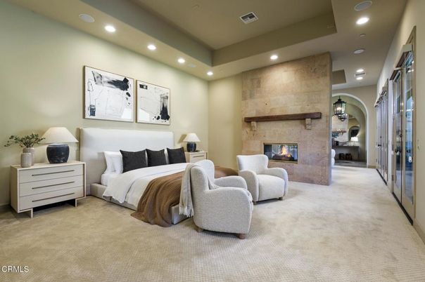 Bedroom, Fireplace, Interior, Recessed Lighting, Stone Walls