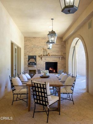 Dining room, Fireplace, Interior, Living room, Pendant Lights, Stone Walls