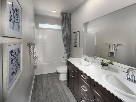 Bathroom, Dual Sink Vanities, Interior, Recessed Lighting, Wood Texture Flooring