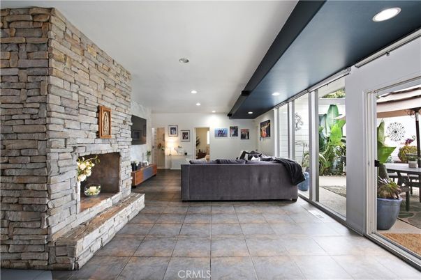 Fireplace, Interior, Living room, Recessed Lighting, Stone Walls