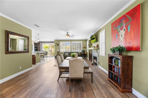 Dining room, Fireplace, Interior, Pendant Lights, Wood Texture Flooring