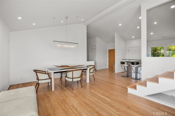 Dining room, Interior, Pendant Lights, Recessed Lighting, Wood Texture Flooring
