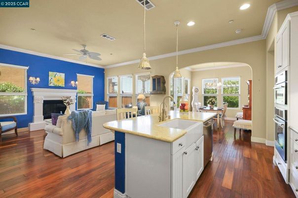 Dining room, Fireplace, Interior, Kitchen, Living room, Pendant Lights, Recessed Lighting, Wood Texture Flooring