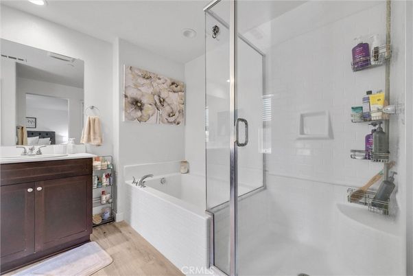 Bathroom, Glass Shower, Interior, Recessed Lighting, Wood Texture Flooring