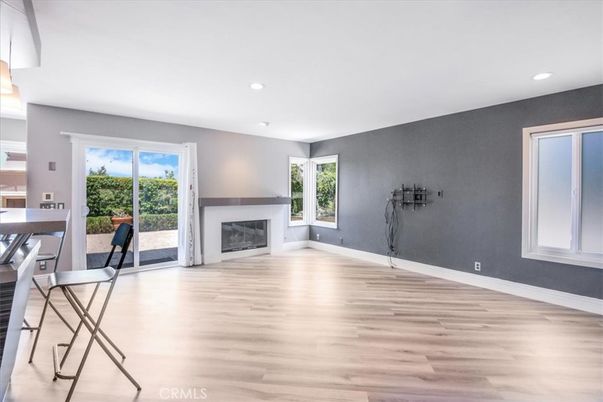Empty room, Fireplace, Interior, Recessed Lighting, Wood Texture Flooring