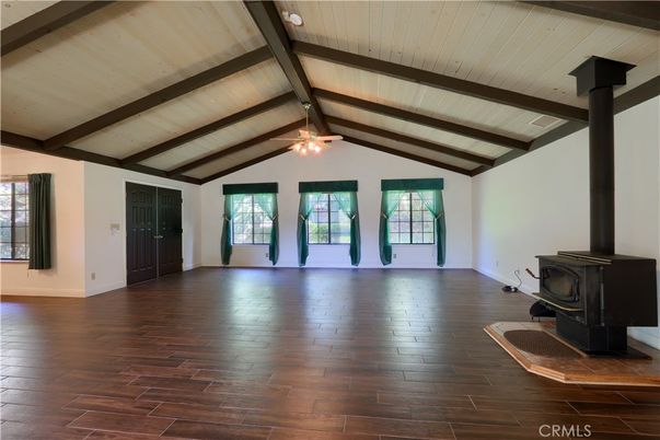 Empty room, Fireplace, Interior, Wooden Beams, Wood Texture Flooring