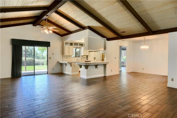 Chandelier, Empty room, Interior, Kitchen, Pendant Lights, Wooden Beams, Wooden Ceilings, Wood Texture Flooring