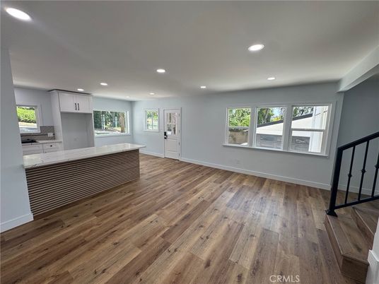 Empty room, Interior, Kitchen, Recessed Lighting, Wood Texture Flooring