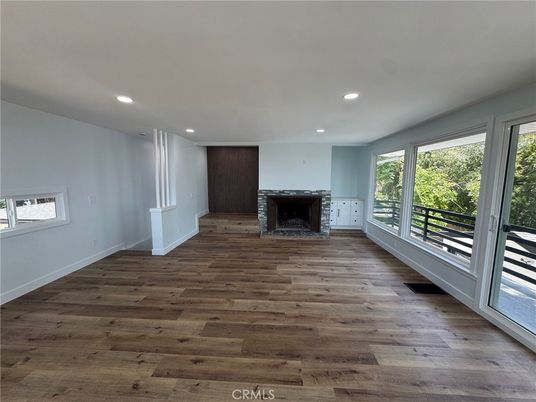 Empty room, Fireplace, Interior, Recessed Lighting, Wood Texture Flooring