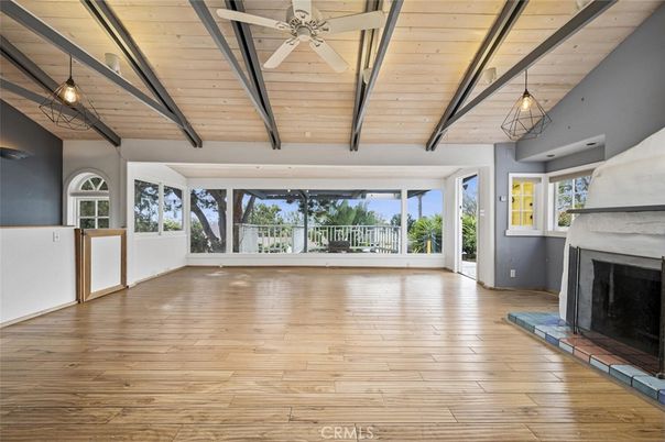 Empty room, Fireplace, Interior, Pendant Lights, Wooden Beams, Wooden Ceilings, Wood Texture Flooring