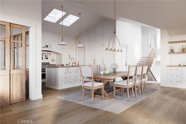 Dining room, Interior, Kitchen, Pendant Lights, Wood Texture Flooring