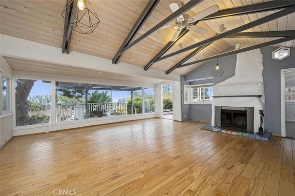 Empty room, Fireplace, Interior, Pendant Lights, Wooden Beams, Wooden Ceilings, Wood Texture Flooring