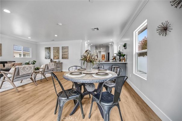 Dining room, Interior, Recessed Lighting, Wood Texture Flooring