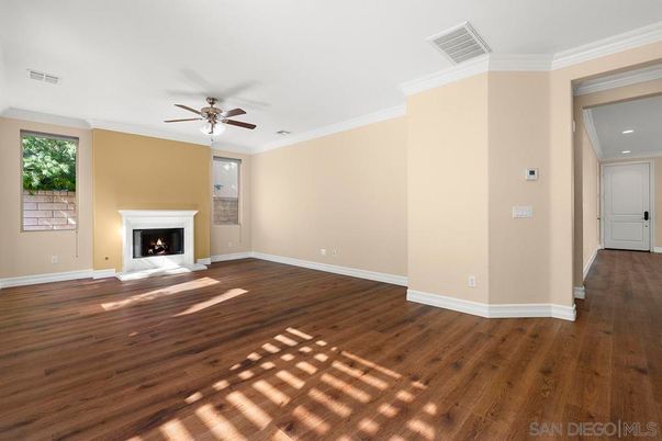 Empty room, Fireplace, Interior, Recessed Lighting, Wood Texture Flooring