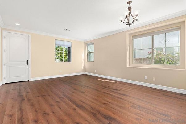 Chandelier, Empty room, Interior, Recessed Lighting, Wood Texture Flooring