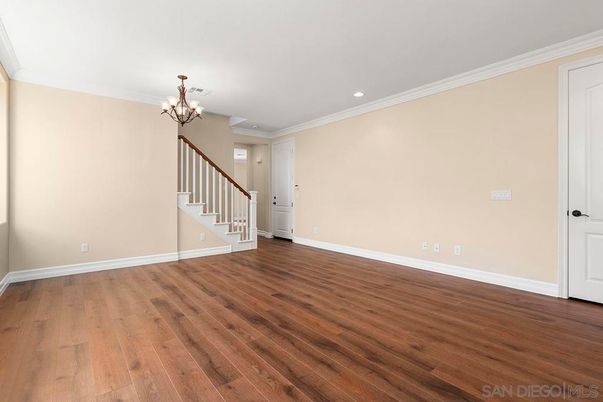 Chandelier, Empty room, Interior, Recessed Lighting, Wood Texture Flooring
