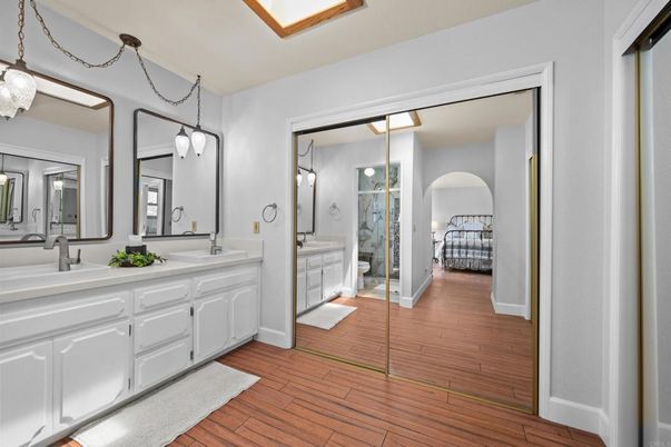 Bathroom, Dual Sink Vanities, Interior, Pendant Lights, Wood Texture Flooring