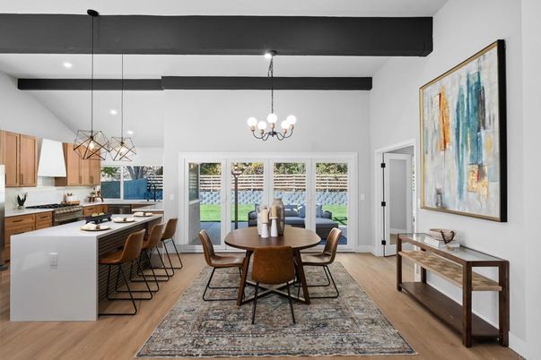 Chandelier, Dining room, Interior, Kitchen, Pendant Lights, Recessed Lighting, Wooden Beams, Wood Texture Flooring