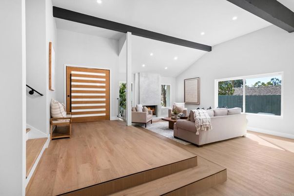 Fireplace, Interior, Living room, Recessed Lighting, Wooden Beams, Wood Texture Flooring