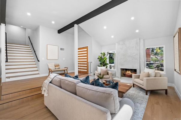 Fireplace, Interior, Living room, Recessed Lighting, Wooden Beams, Wood Texture Flooring