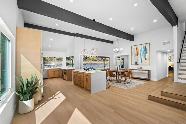 Dining room, Interior, Kitchen, Pendant Lights, Recessed Lighting, Wooden Beams, Wood Texture Flooring