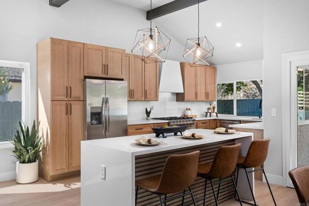 Interior, Kitchen, Pendant Lights, Recessed Lighting, Stainless Steel Appliances, Wood Texture Flooring