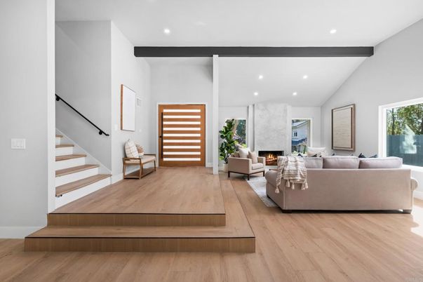 Fireplace, Interior, Living room, Recessed Lighting, Wood Texture Flooring
